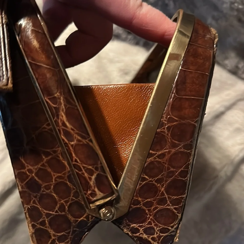 Very Authentic Crocodile Satchel Purse with Antique Gold Color Clasp & Hardware